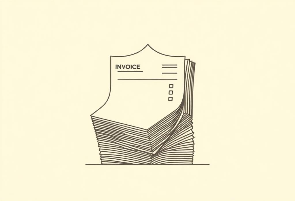 Line-art illustration of stacked invoices behind a shield outline