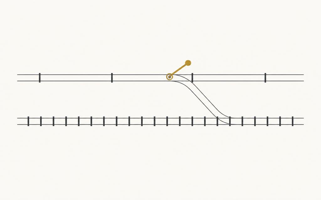 Line-art illustration of a track junction between two filing rhythms