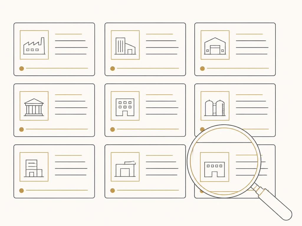 Line-art grid of supplier cards with a magnifier over one